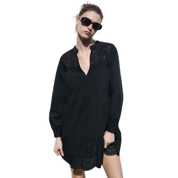 ZARA | Black | OPENWORK EMBROIDERED MINI DRESS - Picture 5 of 11